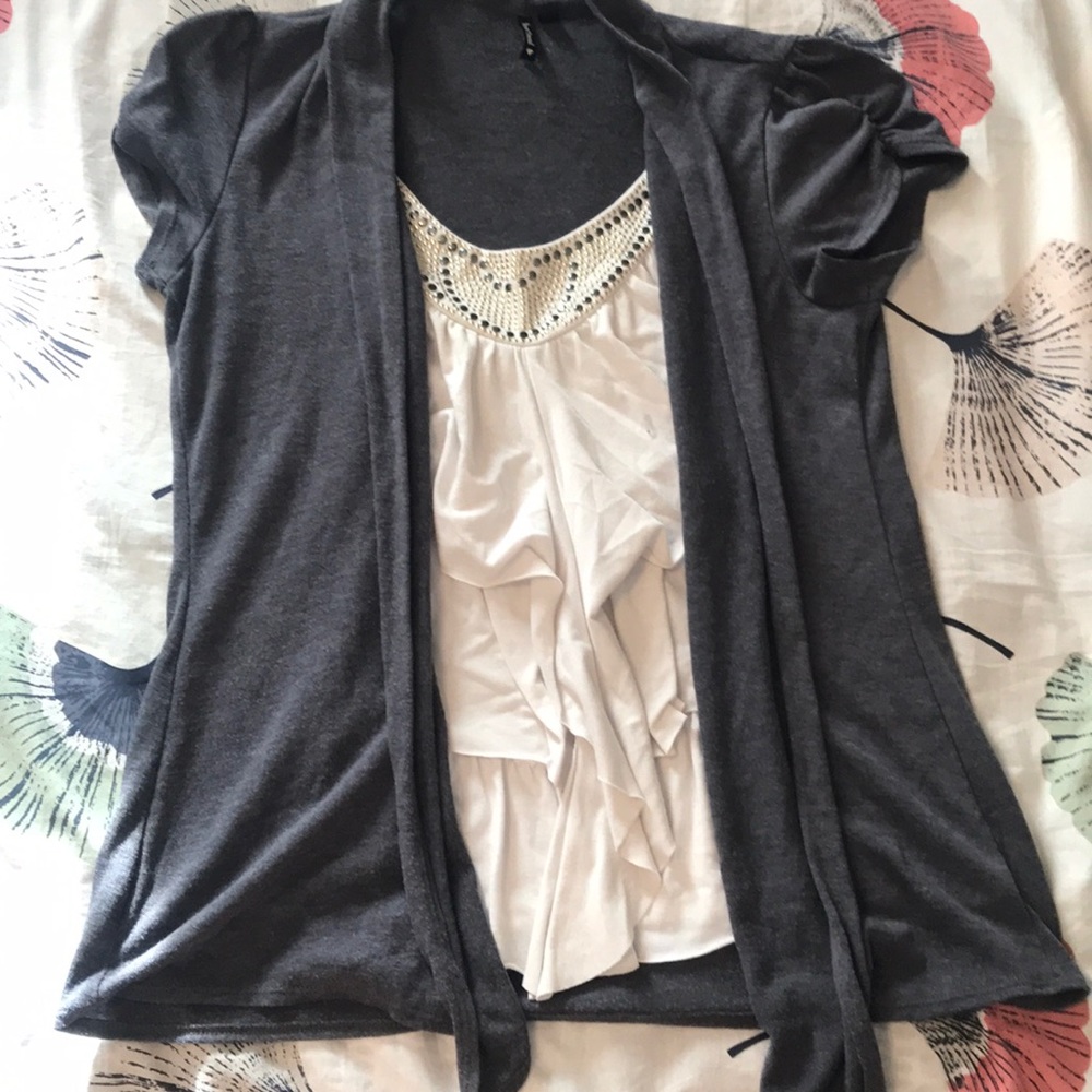 Gray and White Embellished Flow Blouse